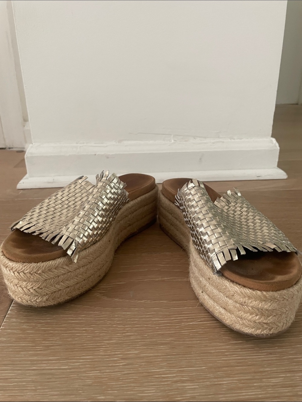 Woven Metallic Slide Espadrille Platform Sandals - Picture 2 of 6